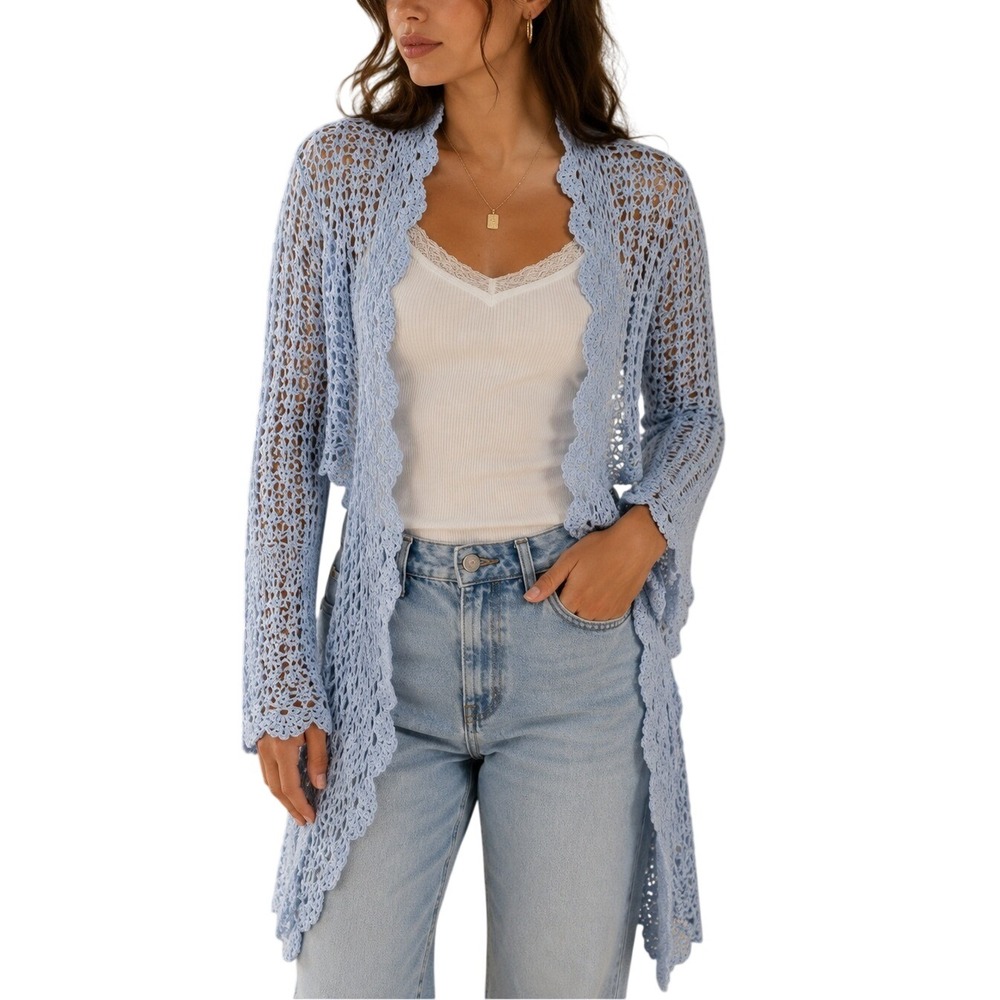 NWT BCBGMAXAZRIA Blue Skies Crochet Open Knit Duster Cardigan XL